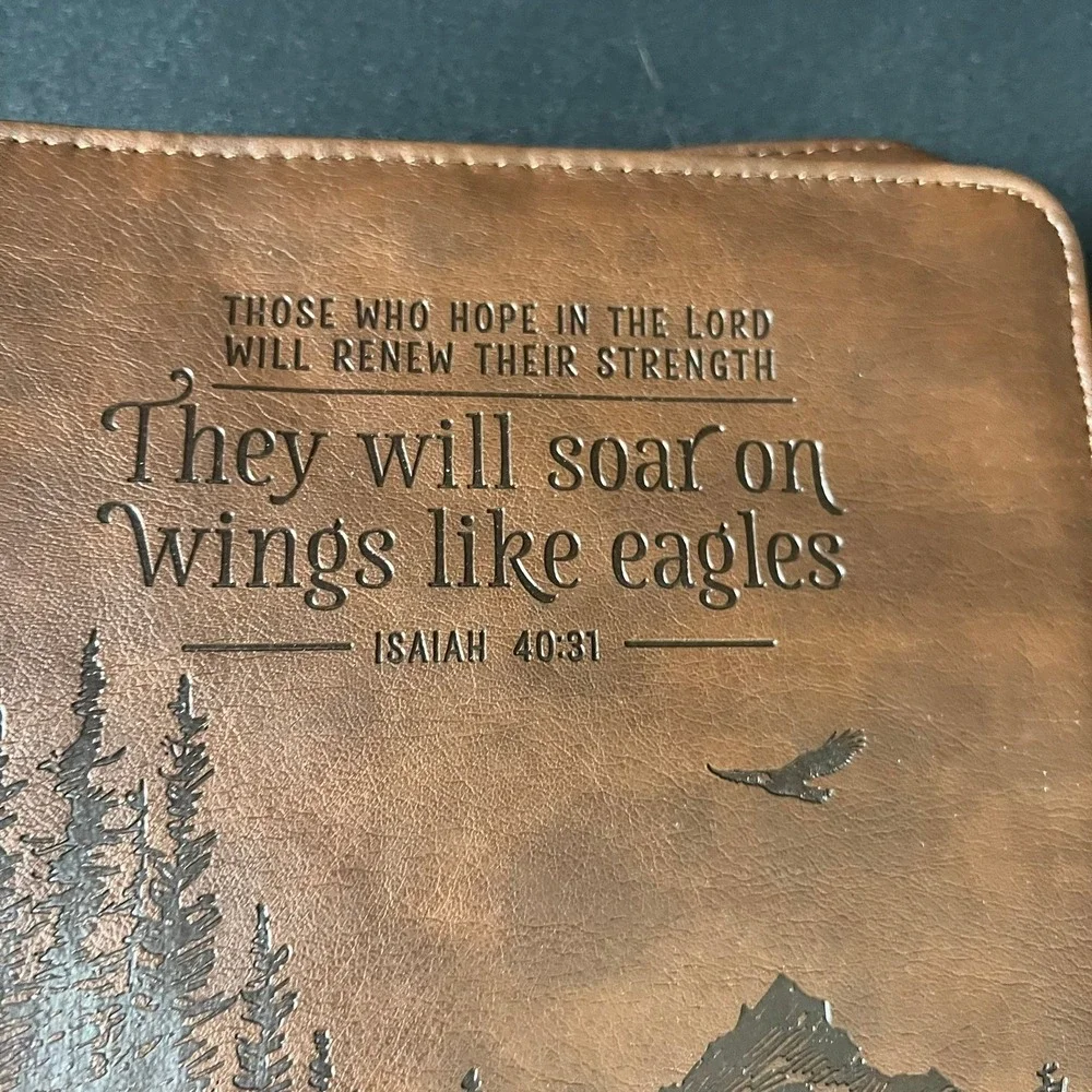 Isaiah 40:31 Brown Faux Leather Bible Cover Case with Handle and Zipper Large